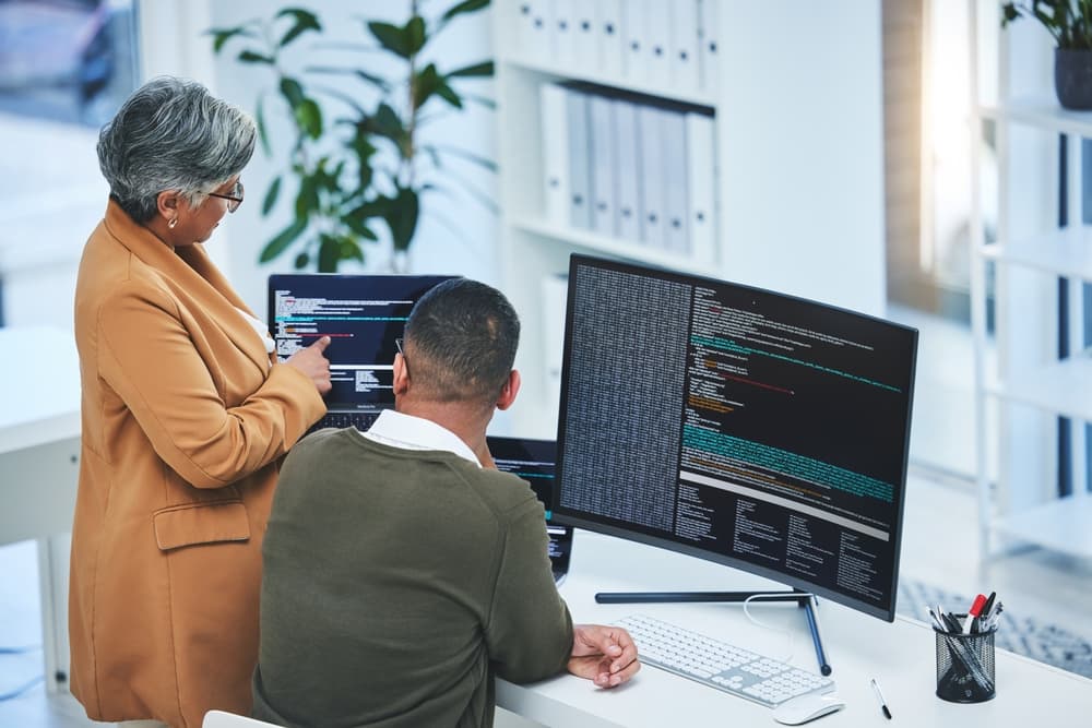 Two cybersecurity engineers work on a project.