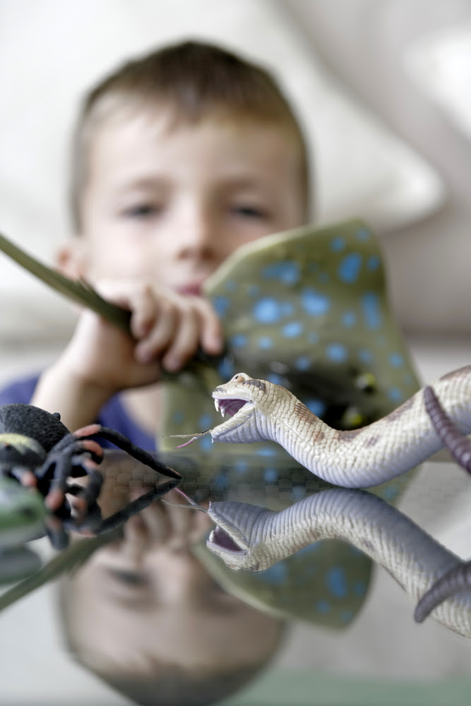 Young boy playing with his plastic animals at home